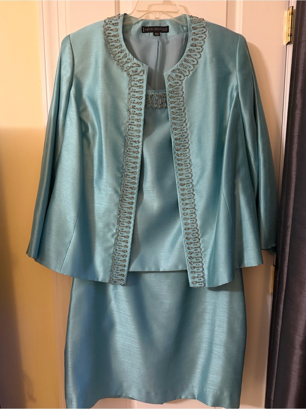 Nipon Boutique 3 -piece- Aqua Satin Pencil Skirt with Beaded Trim Jacket